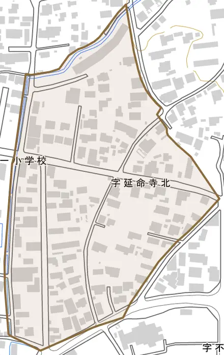 字延命寺北とその周辺の地図。町の範囲を重ねている