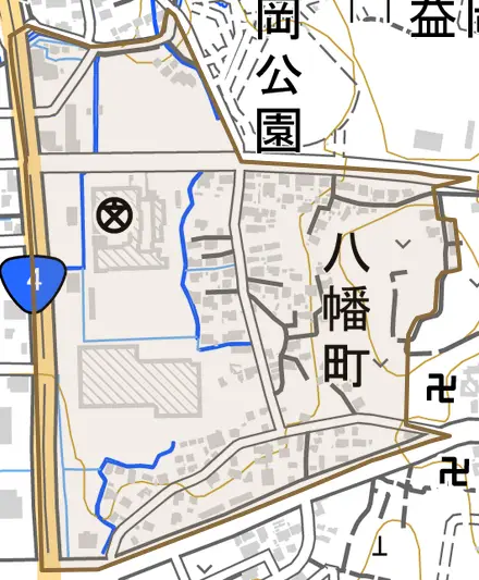 八幡町とその周辺の地図。町の範囲を重ねている