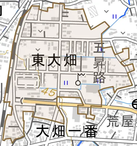 字東大畑とその周辺の地図。町の範囲を重ねている