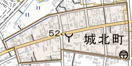 城北町とその周辺の地図。町の範囲を重ねている