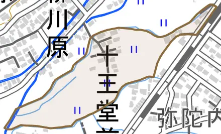 字十王堂北とその周辺の地図。町の範囲を重ねている