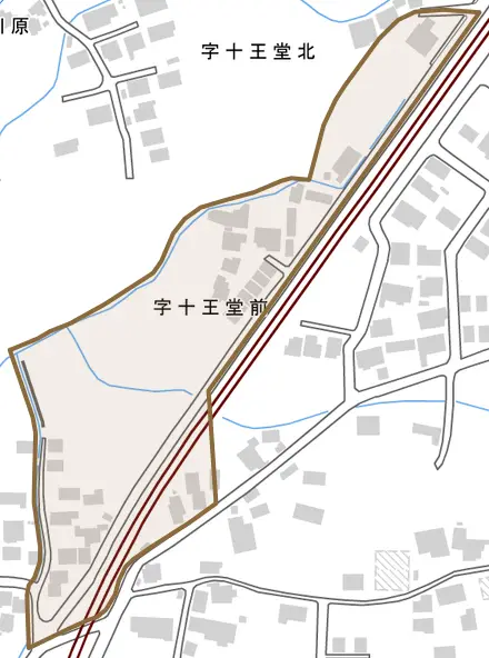 字十王堂前とその周辺の地図。町の範囲を重ねている