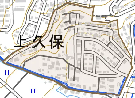 上久保とその周辺の地図。町の範囲を重ねている