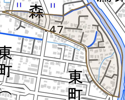 字北無双作とその周辺の地図。町の範囲を重ねている