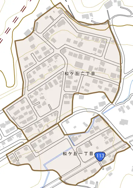 松ケ丘とその周辺の地図。町の範囲を重ねている