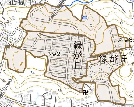 緑が丘とその周辺の地図。町の範囲を重ねている