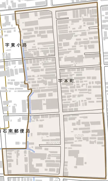 字本町とその周辺の地図。町の範囲を重ねている