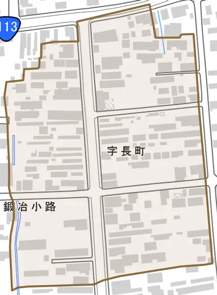 字長町とその周辺の地図。町の範囲を重ねている