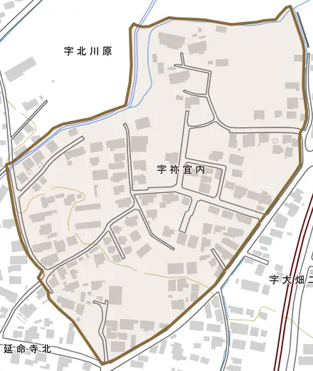 字祢宜内とその周辺の地図。町の範囲を重ねている