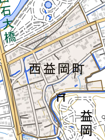 西益岡町とその周辺の地図。町の範囲を重ねている
