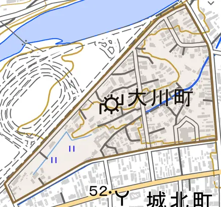 大川町とその周辺の地図。町の範囲を重ねている