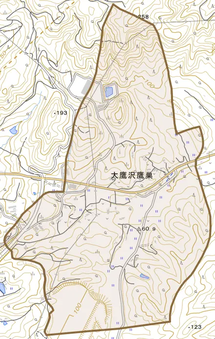 大鷹沢鷹巣とその周辺の地図。町の範囲を重ねている
