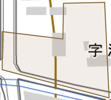字沢端とその周辺の地図。町の範囲を重ねている