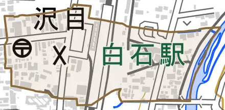 字沢目とその周辺の地図。町の範囲を重ねている