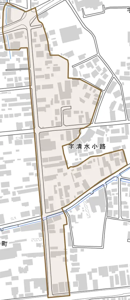 字清水小路とその周辺の地図。町の範囲を重ねている