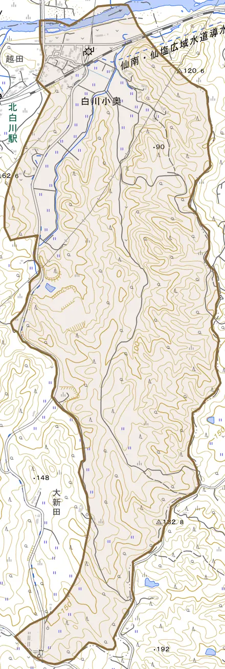 白川小奥とその周辺の地図。町の範囲を重ねている