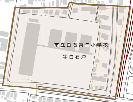 字白石沖とその周辺の地図。町の範囲を重ねている