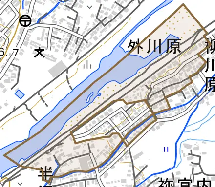 字外川原とその周辺の地図。町の範囲を重ねている