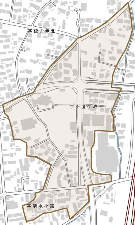 字不澄ケ池とその周辺の地図。町の範囲を重ねている