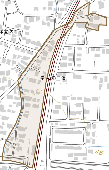 字大畑二番とその周辺の地図。町の範囲を重ねている