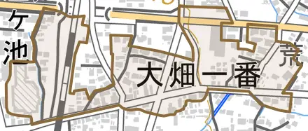字大畑一番とその周辺の地図。町の範囲を重ねている