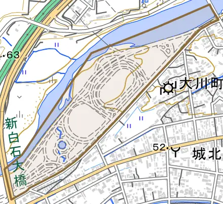 字中河原とその周辺の地図。町の範囲を重ねている