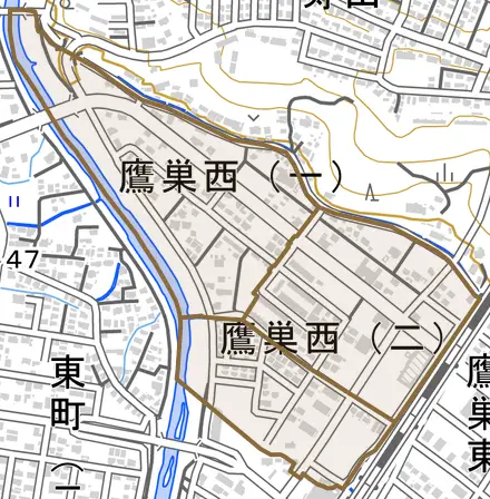 鷹巣西とその周辺の地図。町の範囲を重ねている