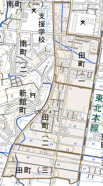 田町とその周辺の地図。町の範囲を重ねている