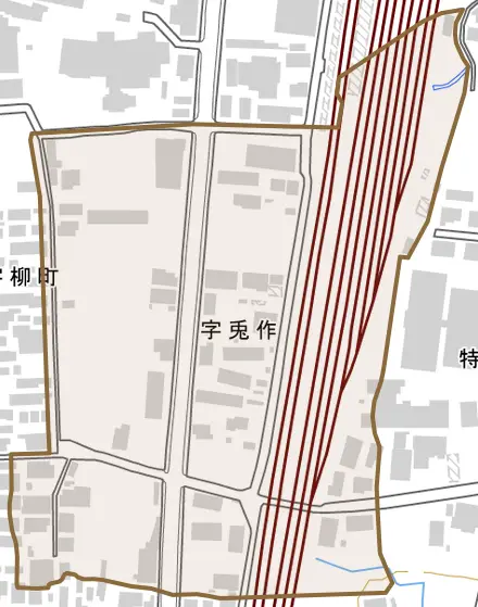 字兎作とその周辺の地図。町の範囲を重ねている