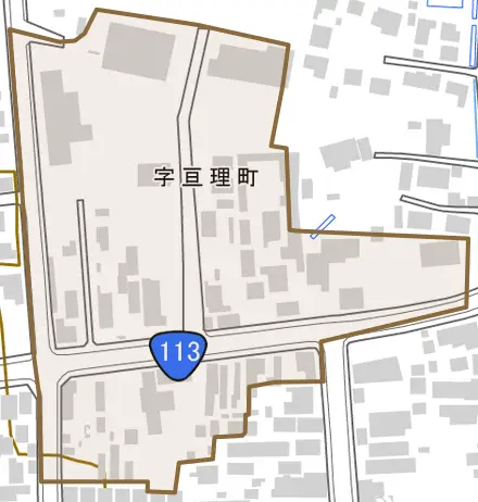 字亘理町とその周辺の地図。町の範囲を重ねている