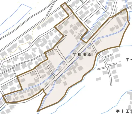 字柳川原とその周辺の地図。町の範囲を重ねている