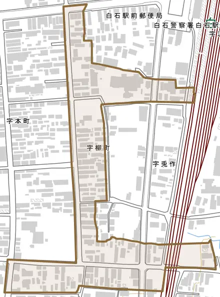 字柳町とその周辺の地図。町の範囲を重ねている