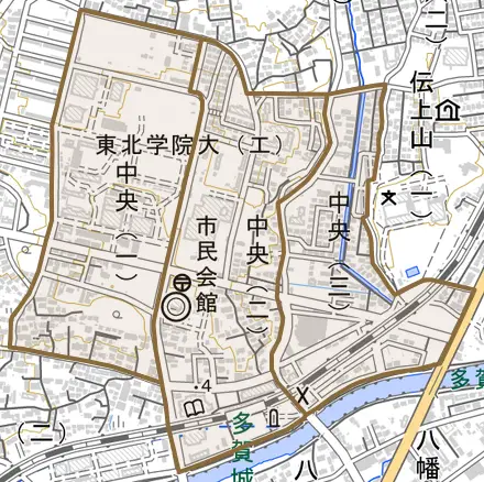 中央とその周辺の地図。町の範囲を重ねている