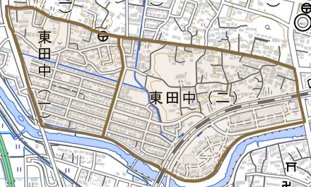 東田中とその周辺の地図。町の範囲を重ねている