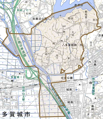市川とその周辺の地図。町の範囲を重ねている
