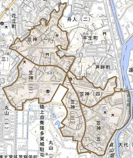 笠神とその周辺の地図。町の範囲を重ねている