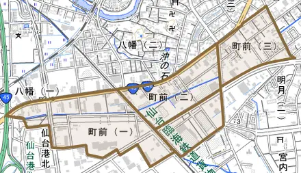 町前とその周辺の地図。町の範囲を重ねている