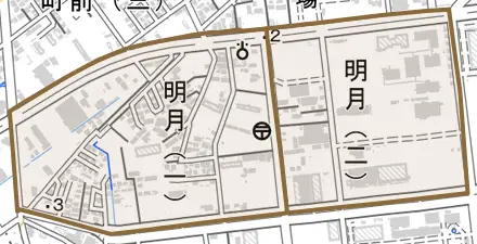明月とその周辺の地図。町の範囲を重ねている