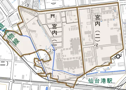 宮内とその周辺の地図。町の範囲を重ねている