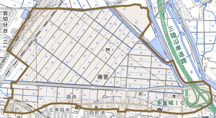 南宮とその周辺の地図。町の範囲を重ねている