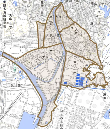 大代とその周辺の地図。町の範囲を重ねている