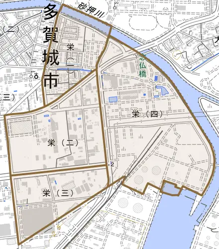 栄とその周辺の地図。町の範囲を重ねている