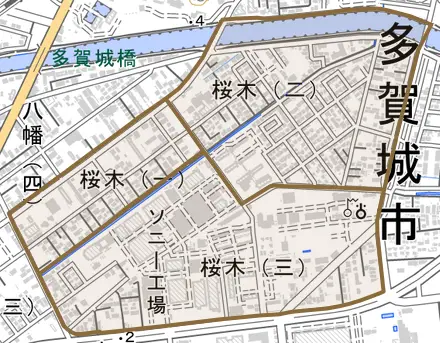桜木とその周辺の地図。町の範囲を重ねている