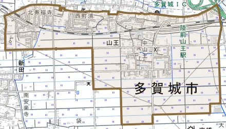 山王とその周辺の地図。町の範囲を重ねている