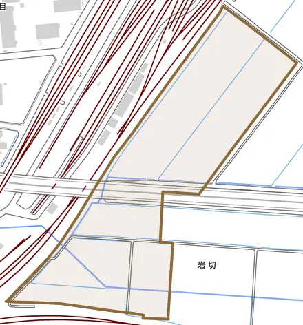 岩切とその周辺の地図。町の範囲を重ねている