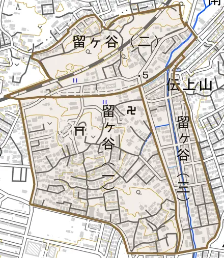 留ケ谷とその周辺の地図。町の範囲を重ねている
