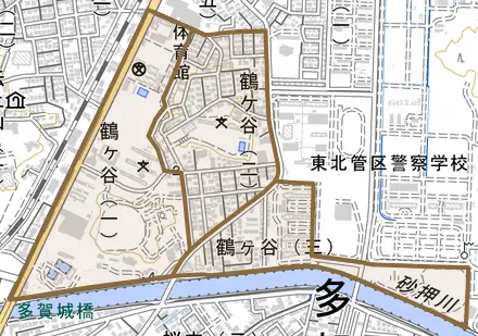 鶴ケ谷とその周辺の地図。町の範囲を重ねている