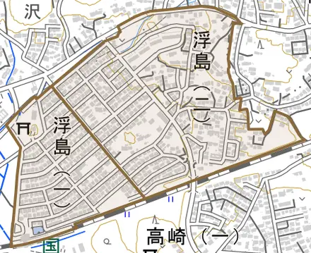 浮島とその周辺の地図。町の範囲を重ねている