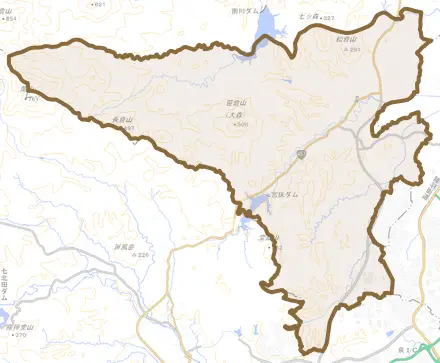 宮床とその周辺の地図。町の範囲を重ねている