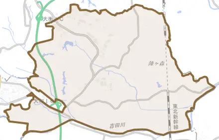 落合蒜袋とその周辺の地図。町の範囲を重ねている